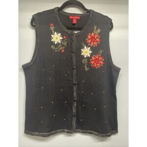 Merry & Bright NWT Womens XL Button Front Vest Black Christmas Floral Embroidery